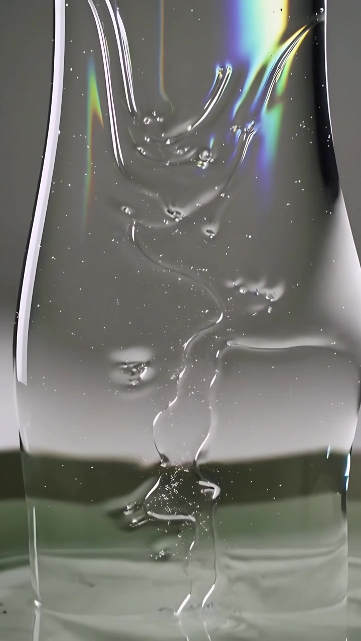 Vídeo vertical: Coluna de fluido puxando, formando bolhas, liberando uma gota em uma piscina em faixa de teste de laboratório.
