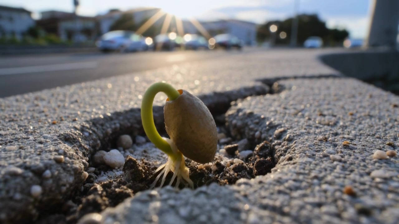 Ontkiemend zaadje duwt een lichtgroene scheut door samengeperste aarde in een holte in het plaveisel, terwijl de zon de aarde verwarmt.
