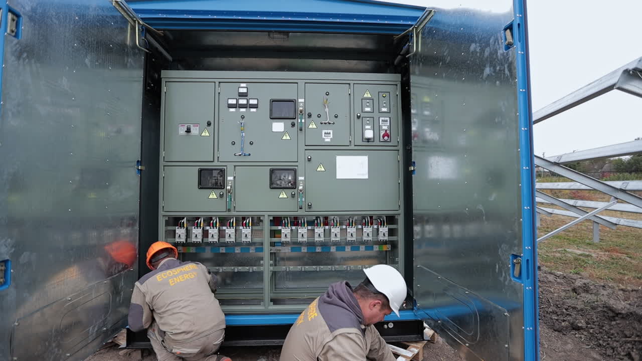 Electricians Installing Electrical Panel at Solar Farm