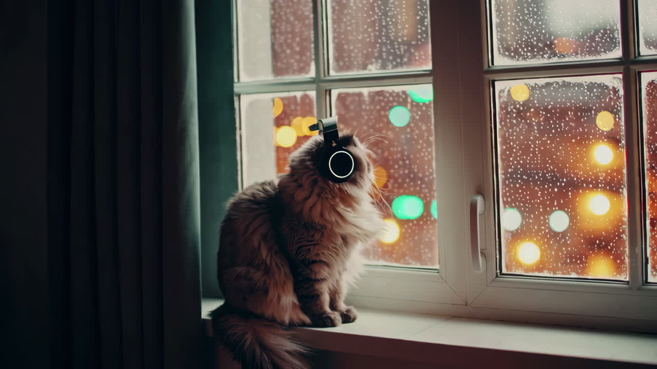 비가 오는 밤에 창문에서 헤드폰을 들고 있는 고양이