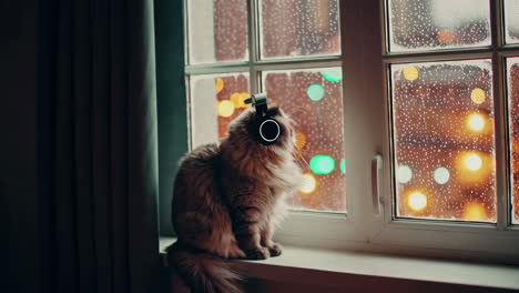 gato con auriculares en una ventana en una noche lluviosa