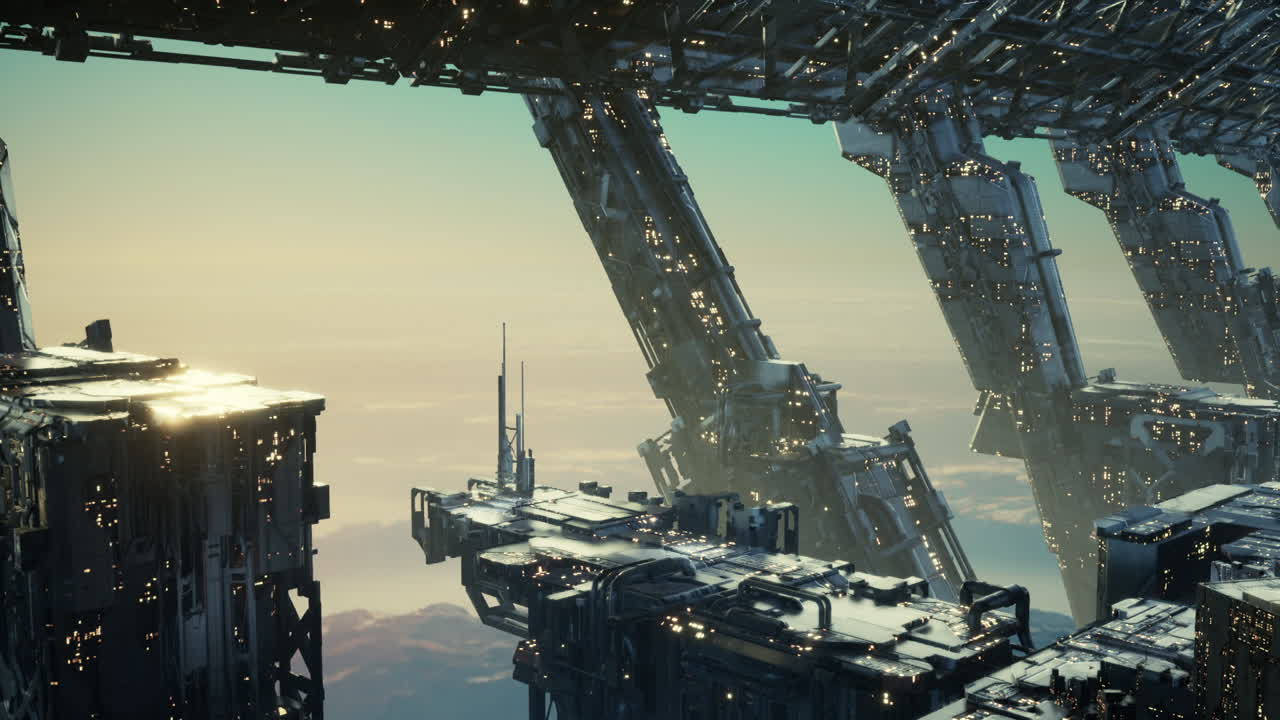 Futuristic cityscape suspended in the sky featuring advanced architecture