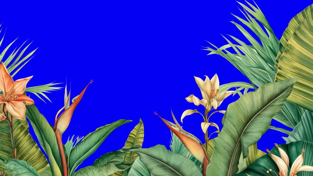 Vibrant tropical foliage illustration animation, transparent 4K video, green screen