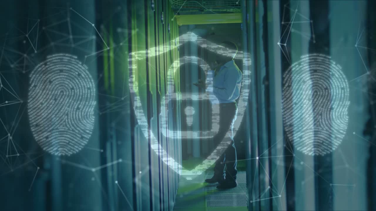 Tech walking server aisle, pausing to inspect rack as security overlays appearing, showing safety