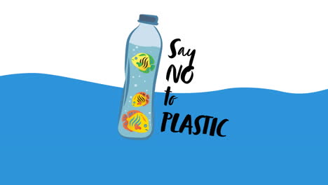 Animation of bottle with fish floating in sea nd say no to plastic writing