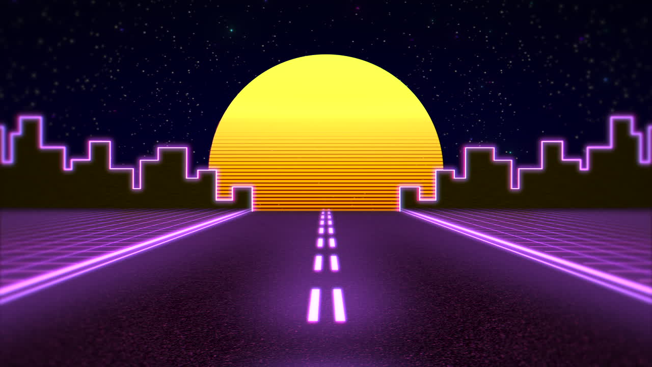 fondo abstracto retro en movimiento con carretera púrpura y ciudad