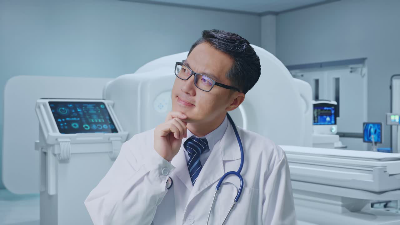 Close Up Of Asian Male Doctor Thinking About Something And Looking Around Then Raising His Index Finger With MRI Machine In The Hospital
