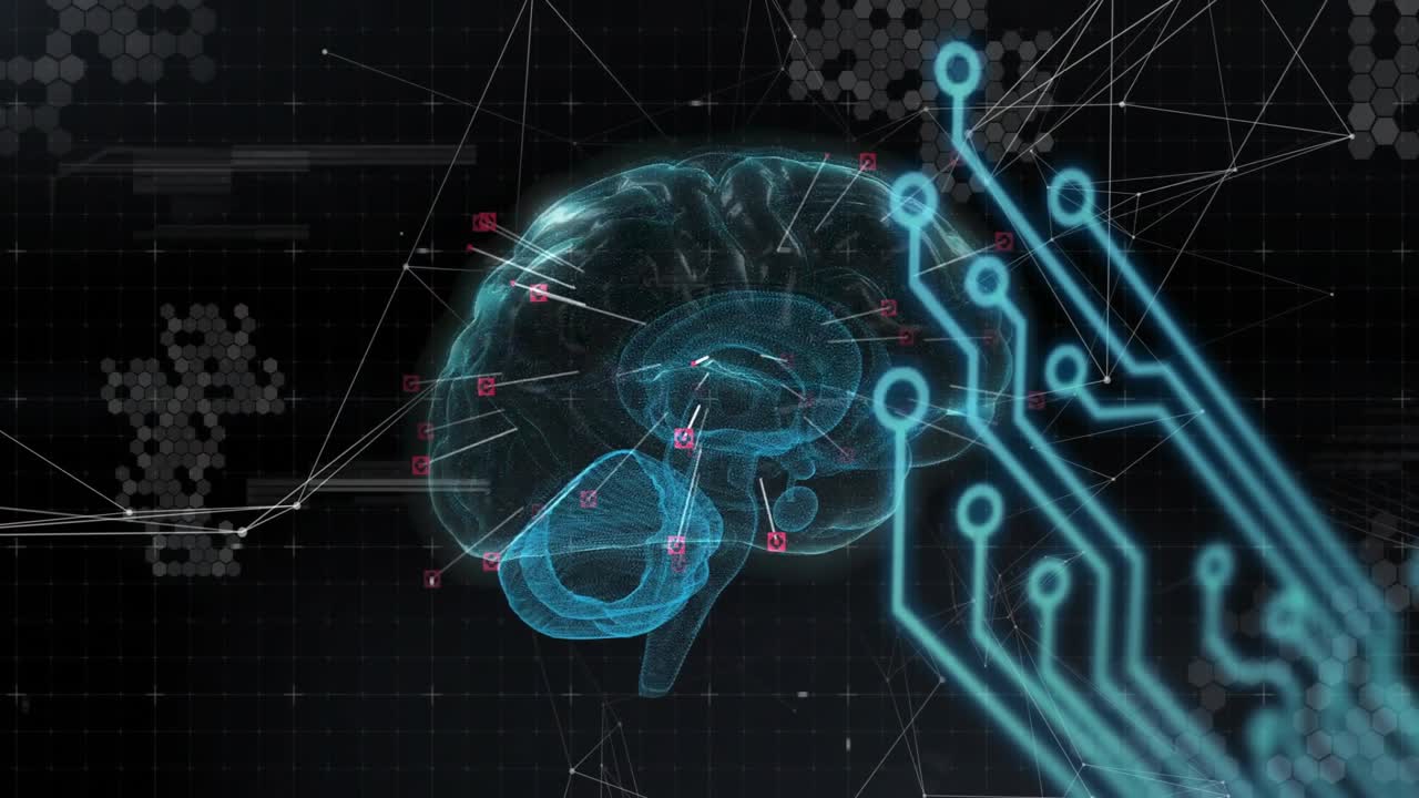 Upon activation holographic brain rotating with nodes pulsing circuit glitch lines scanning data