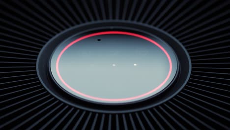 extreme close-up of a high-tech air purifier’s led touch interface, highlighting its sleek circular design and futuristic air monitoring system with color indication