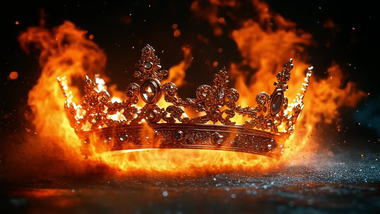 Golden crown surrounded by flames. A detailed golden crown is surrounded by bright, fiery flames, creating a captivating and intense visual effect.