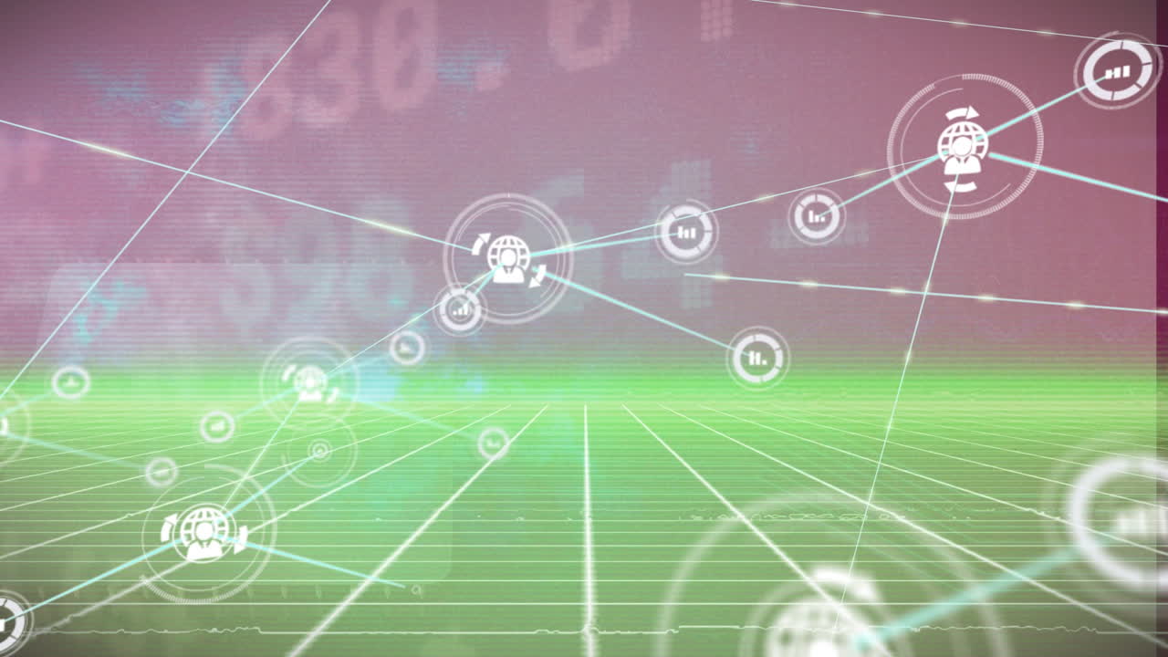 디지털 주식 시장 티커 차트 및 그리드 패턴과 함께 사람들을 연결하는 라인의 애니메이션