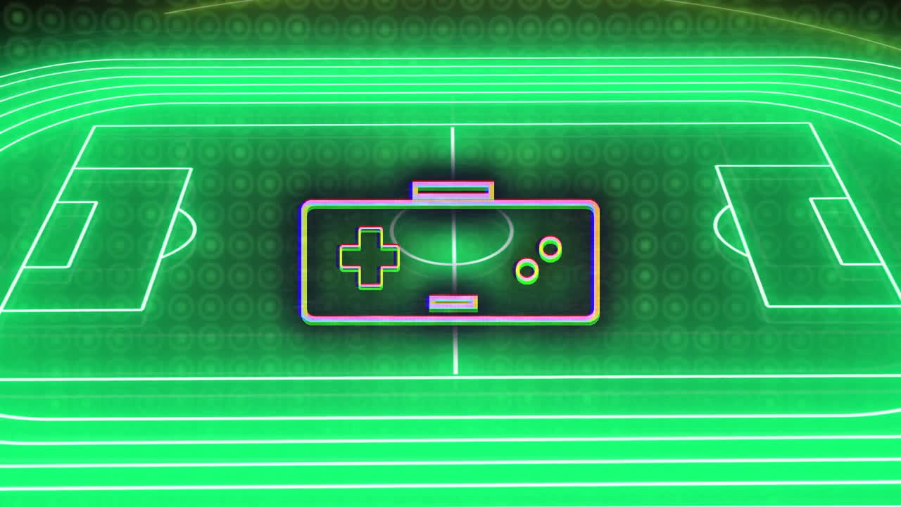 Animation of neon game controller icon on stylized green soccer field background