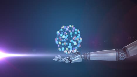 animación de una red de iconos de medios sobre la mano del brazo del robot, con luz en movimiento sobre un fondo oscuro