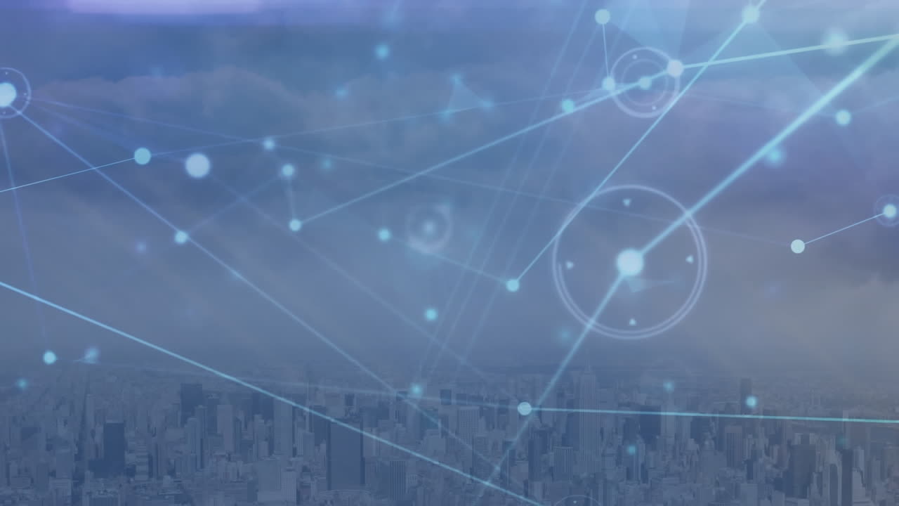 도시 풍경의 공중 시야에서 연결 네트워크와 조명 트레일의 애니메이션