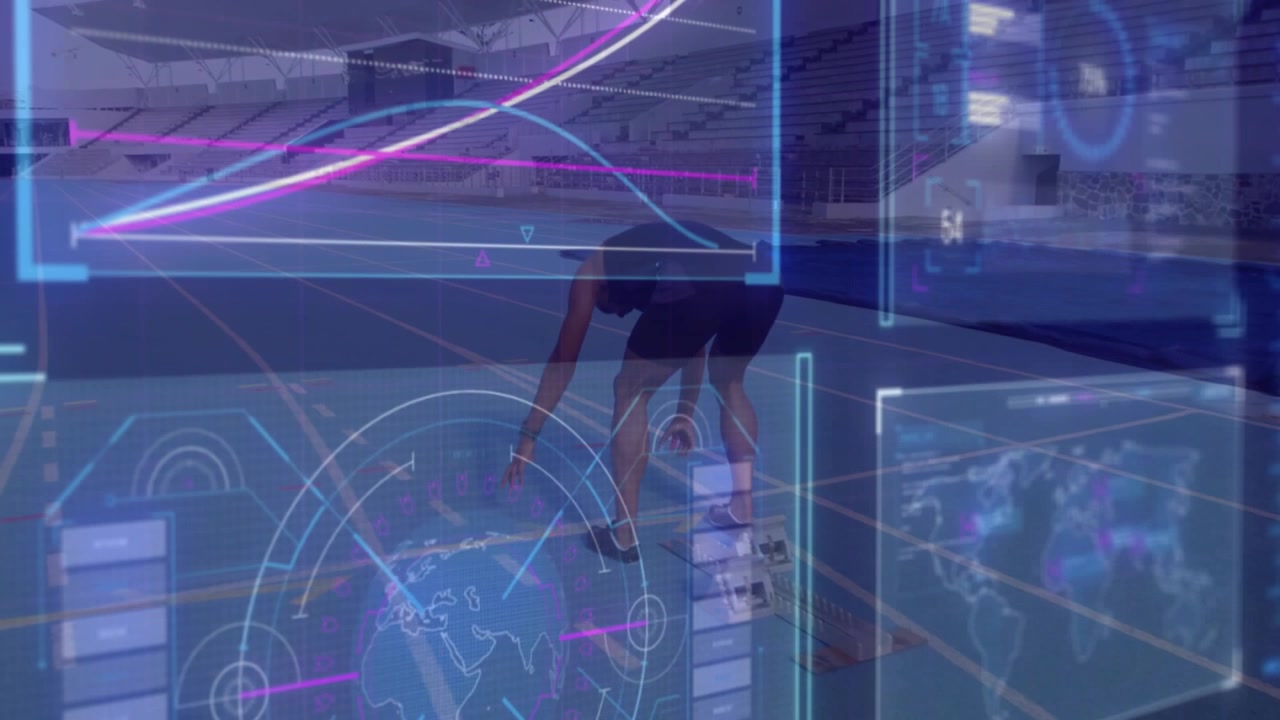 Male athlete walking under sports AR panel shifting weight into crouching start readying sprint