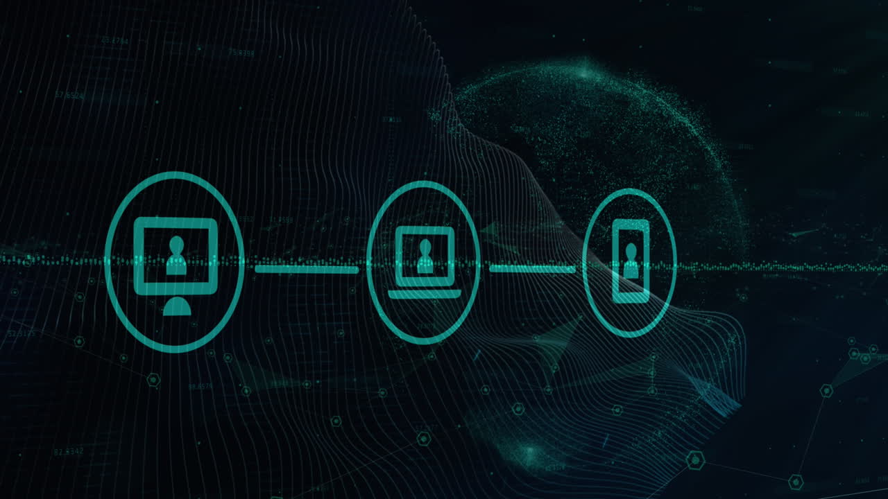 Animation of connected icons over wave pattern against graph and globe on black background