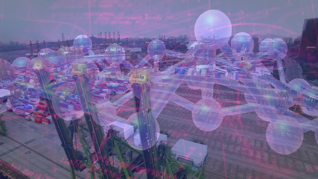 Port with shipping containers and cranes overlaid with molecular structure animation