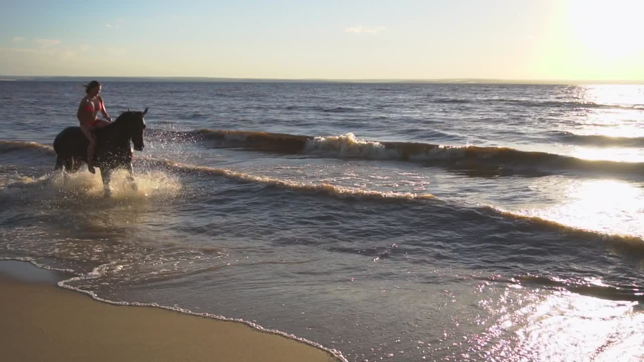 Donna a cavallo nel mare al tramonto