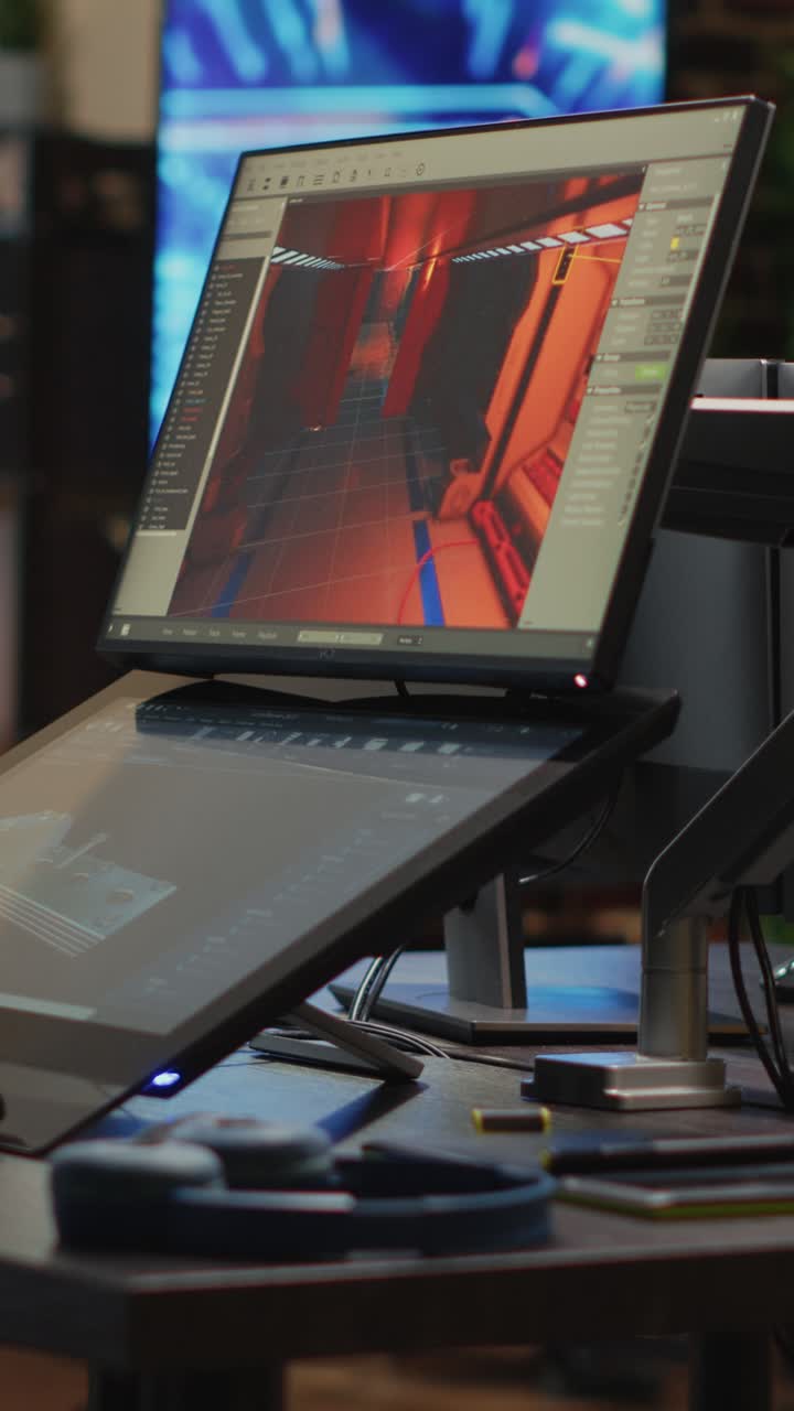 Vertical video: Empty electronics with multiple screens to develop artistic modern content