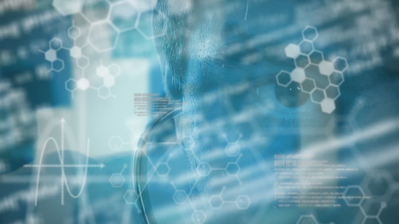 animation von medizinischer datenverarbeitung und chemischen verbindungsstrukturen mit arzt im hintergrund