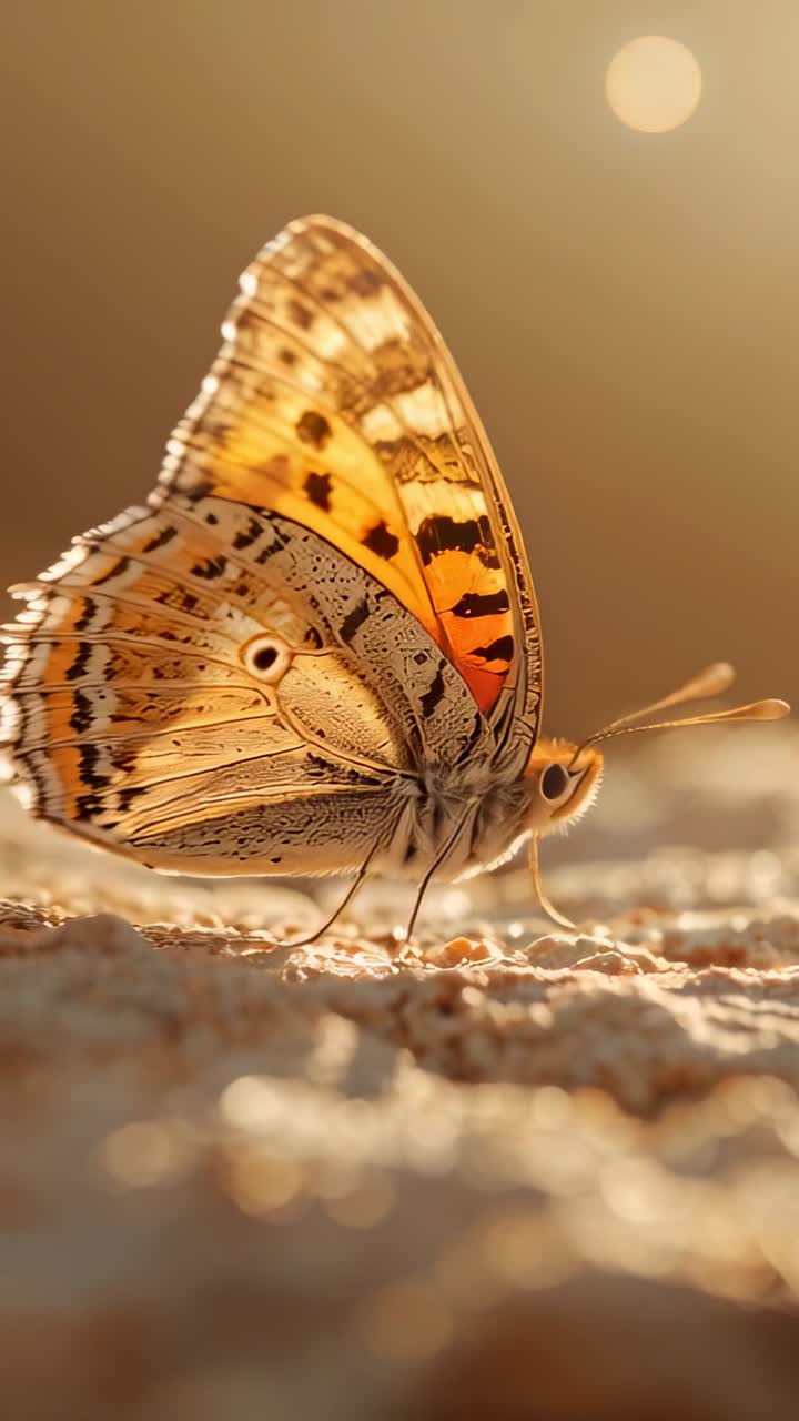Video verticale: Farfalla che si crogiola al sole, si muove in avanti e solleva l'ala anteriore sotto il sole caldo sulla sabbia.