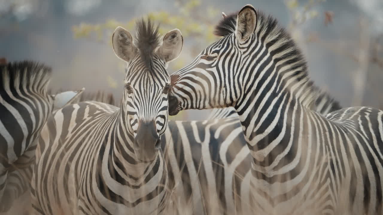 A tight group of zebras standing close together in tall grass in Zimbabwe, captured in telephoto slow motion, interacting with each other while some look directly at the camera
