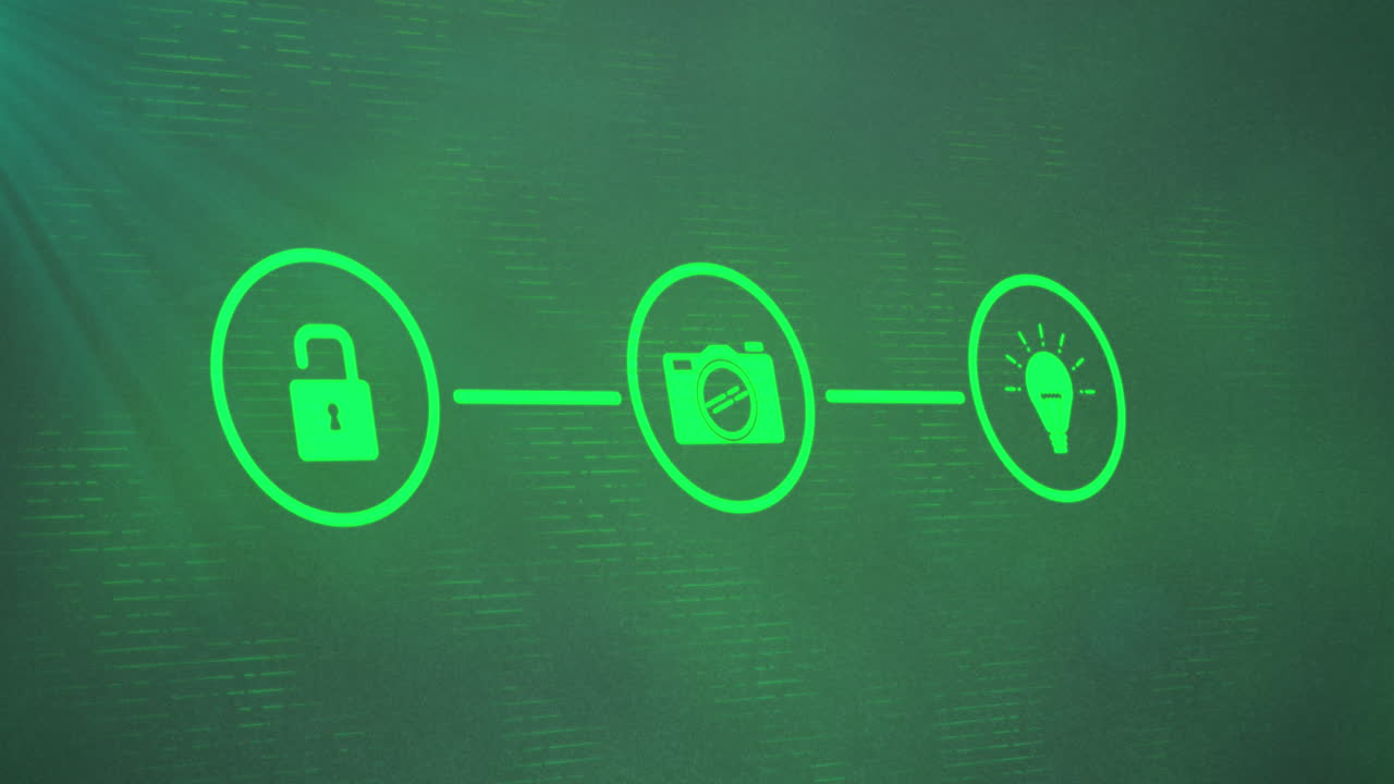 animación de una red de iconos digitales y un punto de luz contra un fondo verde