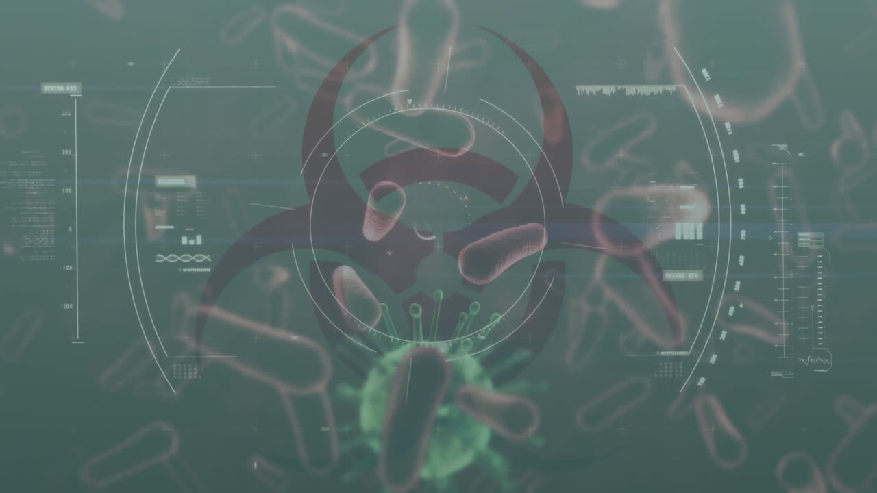 signo de peligro para la salud con células macro covid-19 que se propagan sobre un fondo verde.
