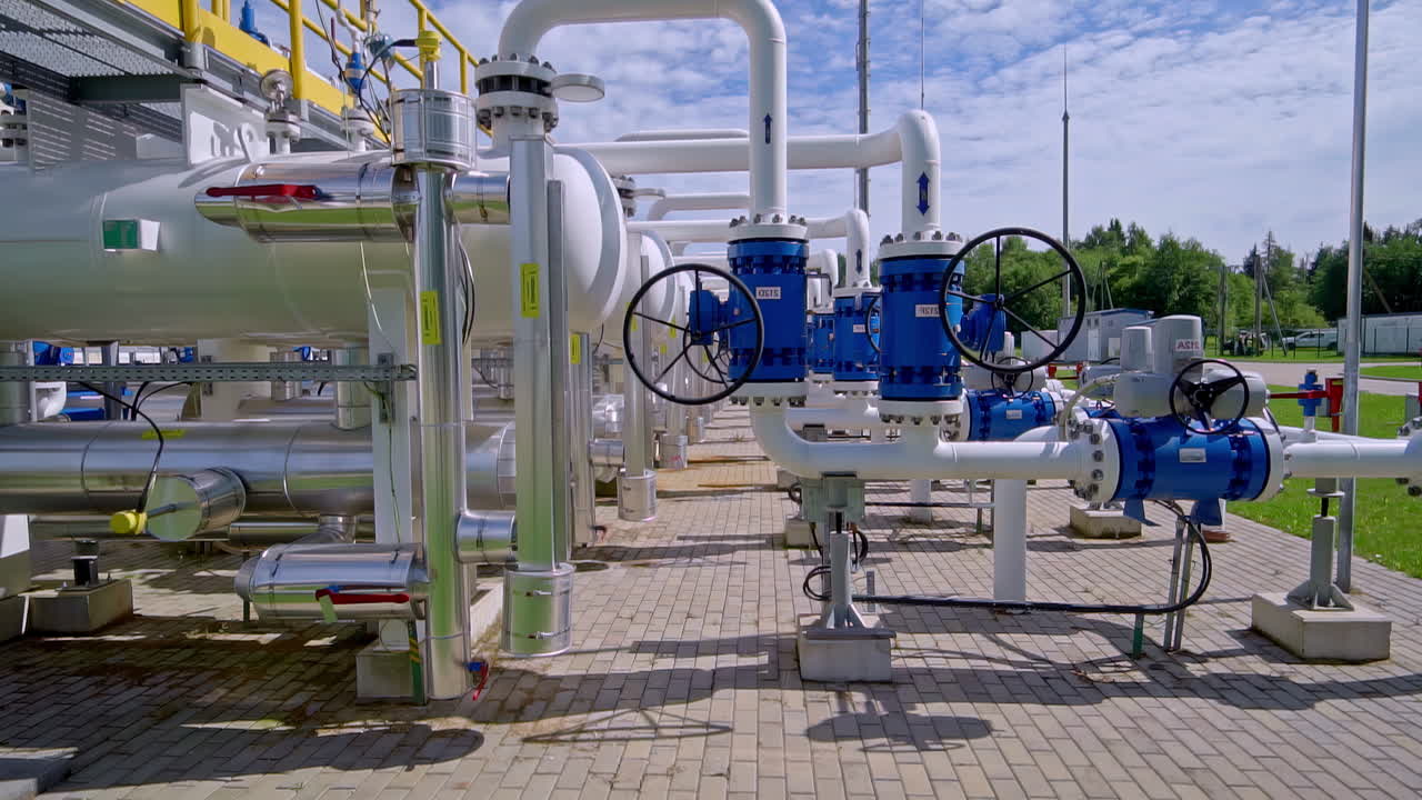 Large blue control valves on white gas pipelines at an outdoor industrial energy facility