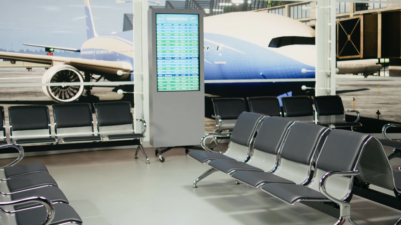 Lounge aeroportuale vuota con vista sulla pista e tabellone che mostra i dettagli dei voli