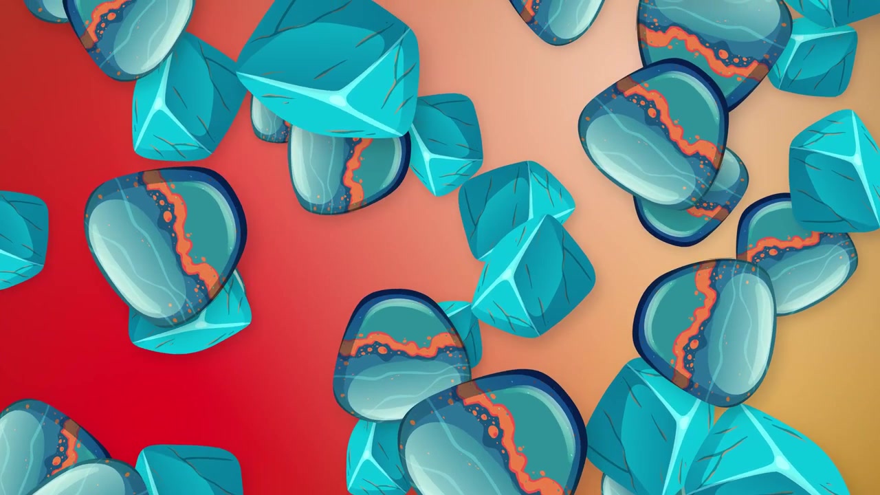 Animated blue gems and smooth stones fall continuously against a vibrant red gradient mesh background.