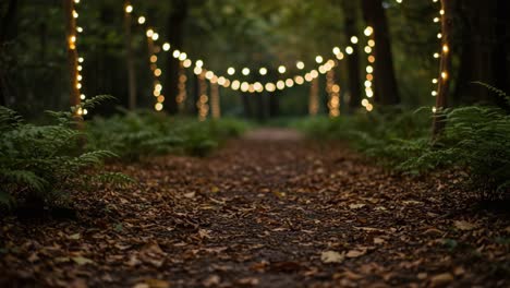 serene forest path enveloped in autumn leaves and sparkling fairy lights, creating a magical atmosphere for relaxation and reflection