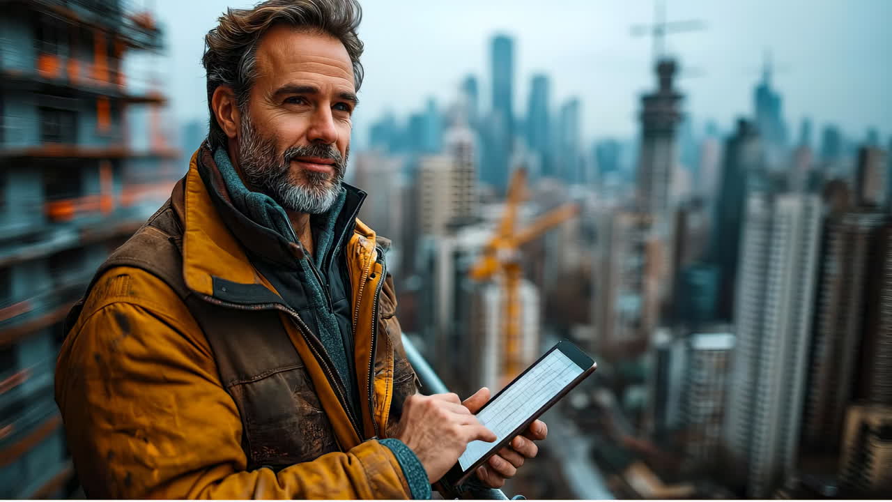Man using a tablet on a construction site overlooking a city skyline with buildings and cranes in the background during the day