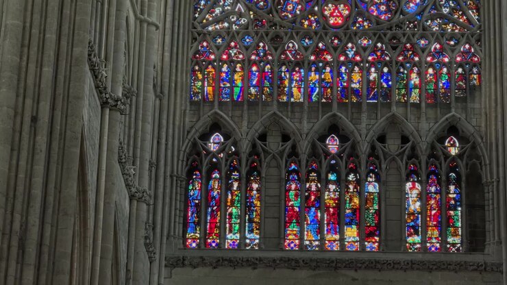 Colorate vetrate istoriate illuminano l'interno gotico di una cattedrale storica