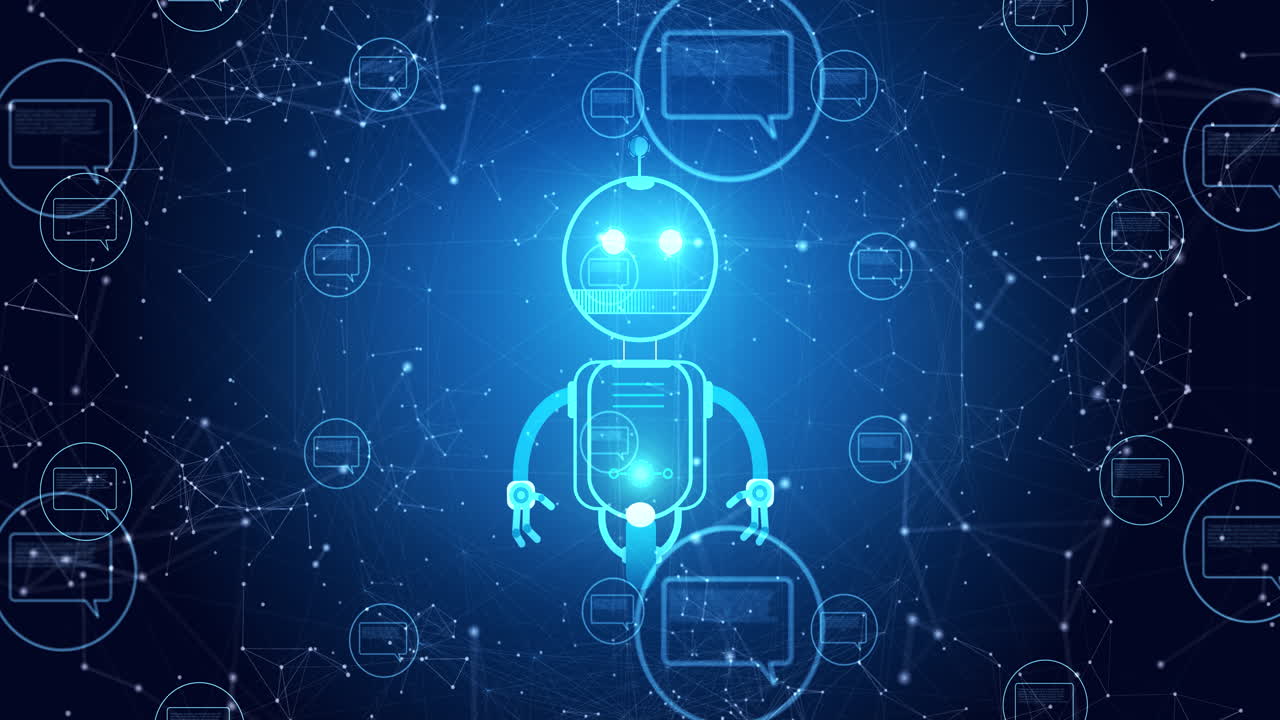 animación del icono de un robot y la interfaz digital sobre fondo azul