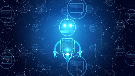 animación del icono de un robot y la interfaz digital sobre fondo azul