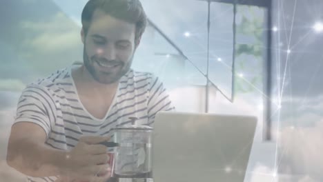 Network-of-connections-over-portrait-of-caucasian-man-pouring-coffee-against-clouds-in-the-sky