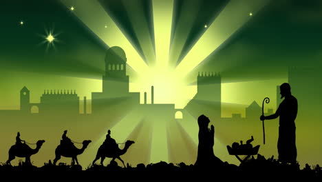 animación de la silueta de la escena de la natividad sobre la ciudad y estrella fugaz verde sobre fondo verde