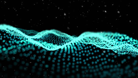 animation of white snowflakes falling over undulating landscape of contoured blue particles