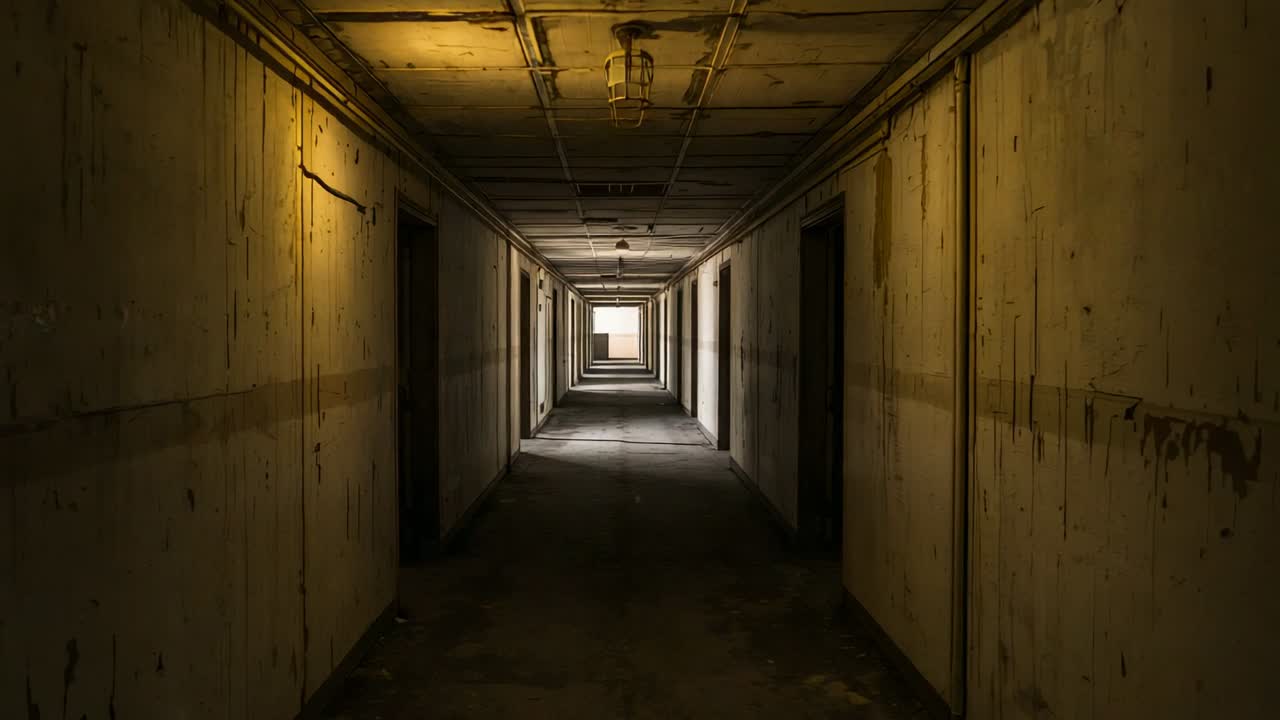 Holding camera revealing concrete basement corridor, with caged light, exposed pipes, distant exit