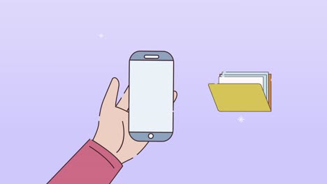 mano usando el teléfono inteligente con animación de carpeta