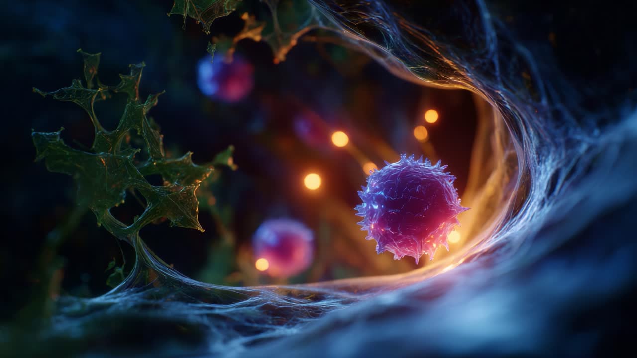 Paesaggio cellulare intricato che mostra vivaci strutture microbiche illuminate dalla luce ambientale, rivelando il misterioso mondo della vita microscopica e delle interazioni