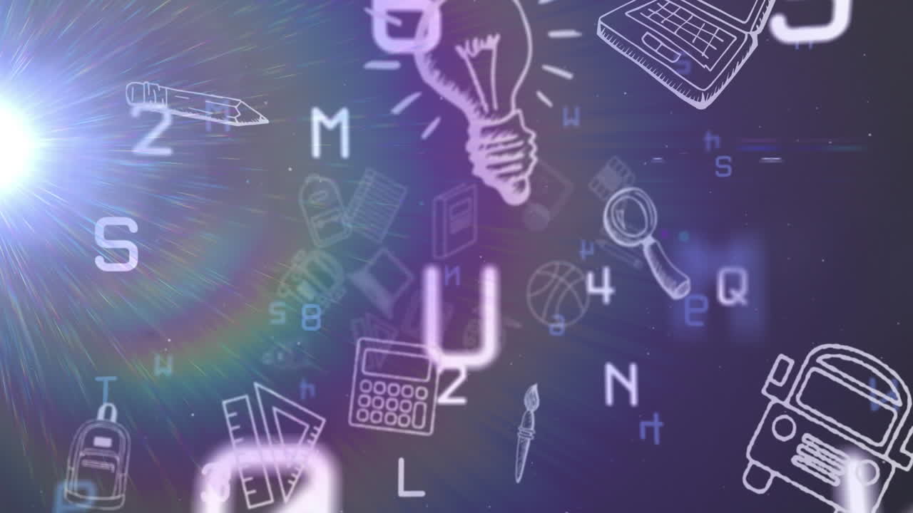 검은색 배경에 움직이는 학교 물건과 빛으로 변화하는 숫자와 문자의 애니메이션