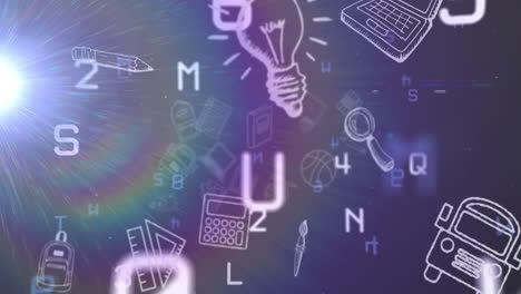 animación de números y letras cambiantes con objetos escolares en movimiento y luz sobre fondo negro