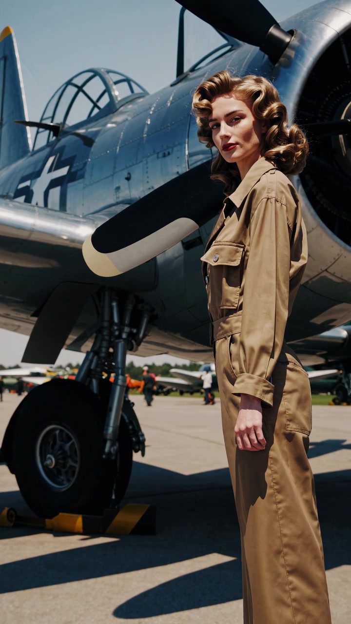 Woman in Vintage Flight Suit Standing by Historic Aircraft