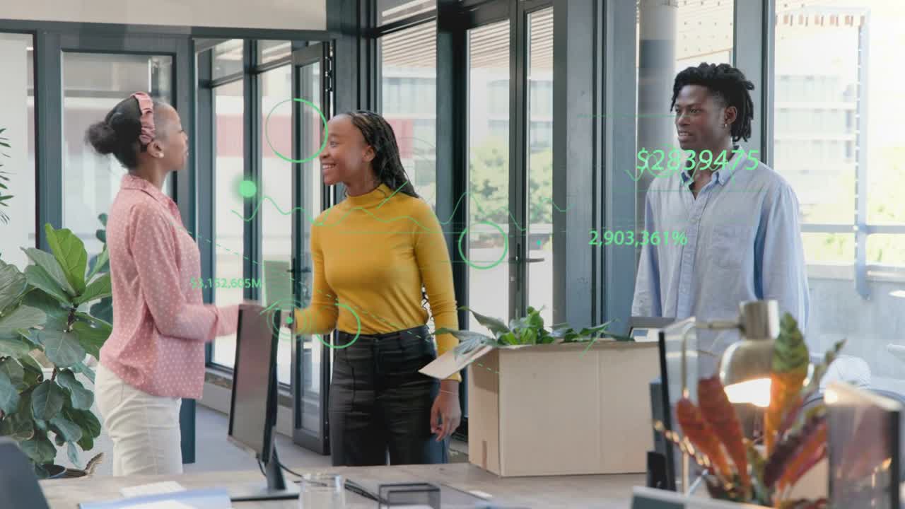 Woman entering office carrying box, placing plant on desk, team welcoming, green HUD tracking icons