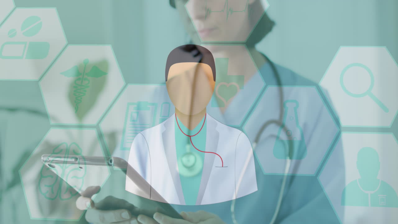디지털 태블릿을 사용하는 백인 여성 의사 그림과 함께 육각형의 아이콘의 애니메이션