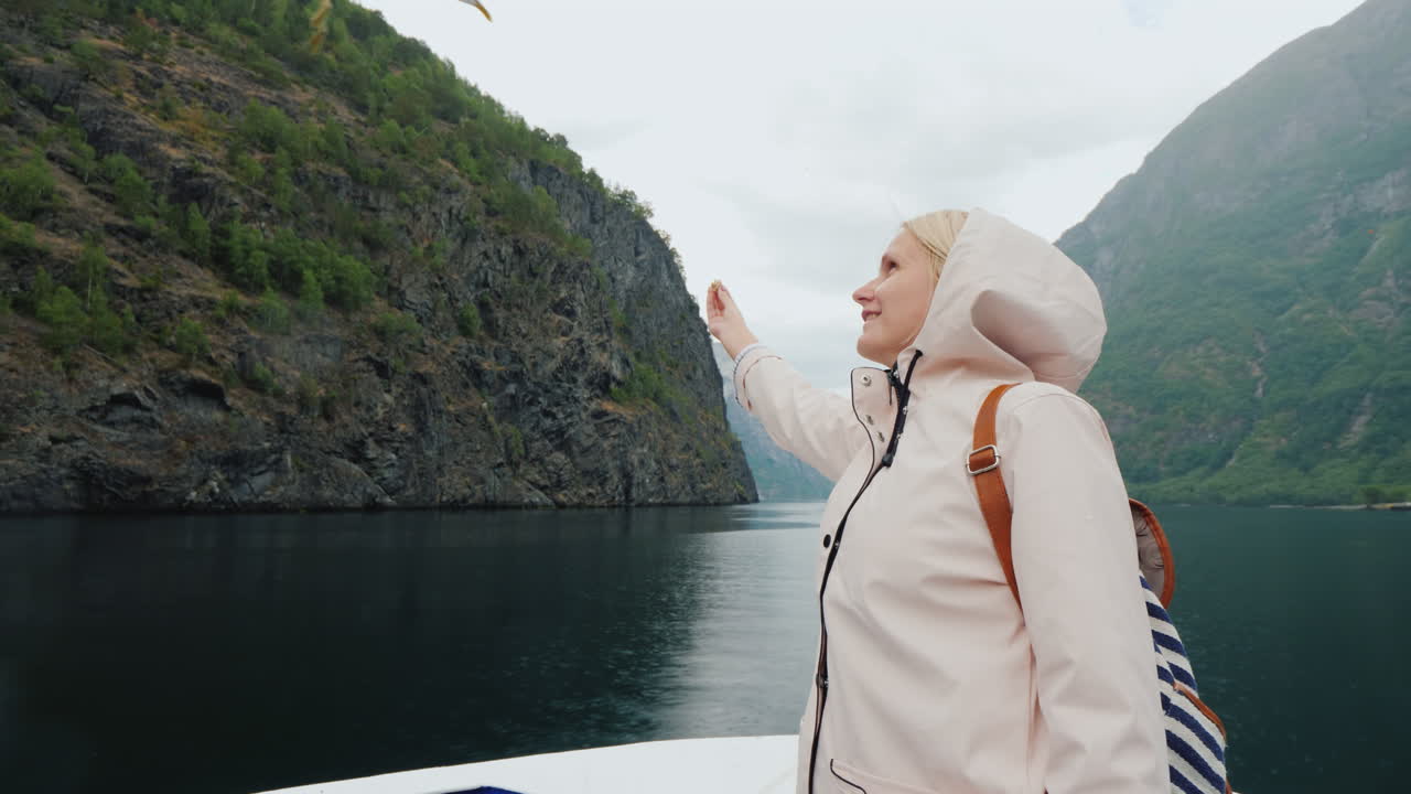 한 여성이 믿음으로 날아가는 갈매기에게 먹이를 주고 피요르드를 통과하는 개념 여행을 길들입니다.