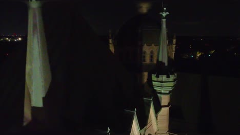 the frontenac castle (fairmount hotel) in the old quebec city (canada) at night, extreme close up aerial view
