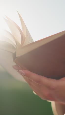 vista parcial de una mujer sentada al aire libre sosteniendo un libro mientras lo hojea, el viento sopla las páginas creando movimiento, la luz del sol crea un ambiente cálido alrededor del libro